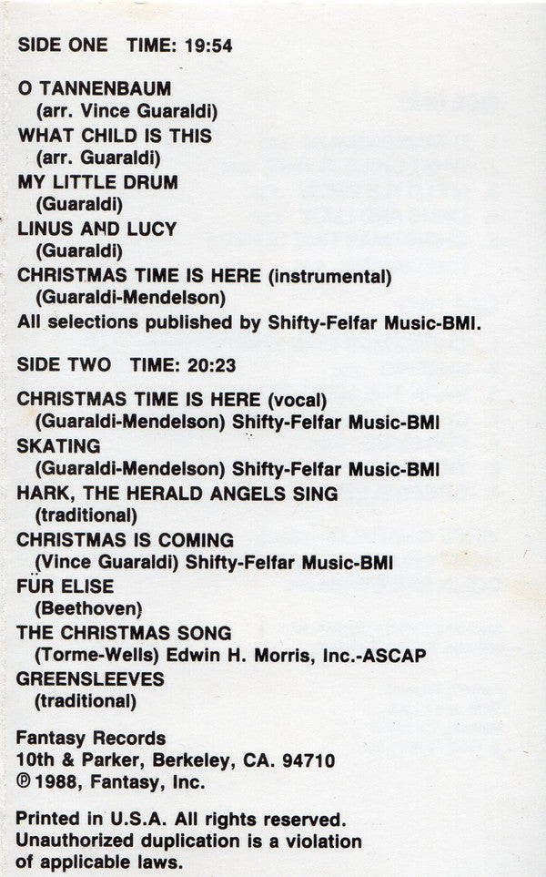 Vince Guaraldi Trio : A Charlie Brown Christmas (The Original Sound Track Recording Of The CBS Television Special) (Cass, Album, RE, Dol)