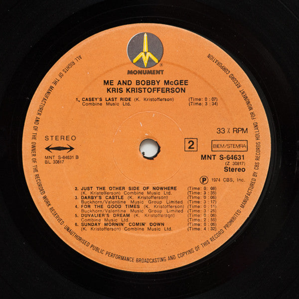 Kris Kristofferson : Me And Bobby McGee (LP, Album, RE)