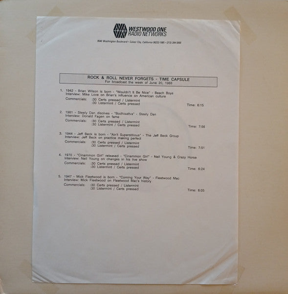 Various : Rock & Roll Never Forgets - Time Capsules - Week of June 20, 1988 (LP, Promo, Transcription)