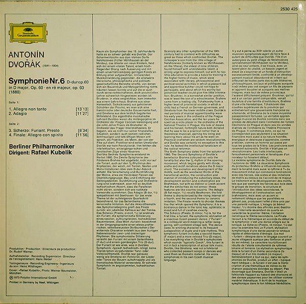 Antonín Dvořák, Berliner Philharmoniker, Rafael Kubelik : Symphonie Nr. 6 (LP)