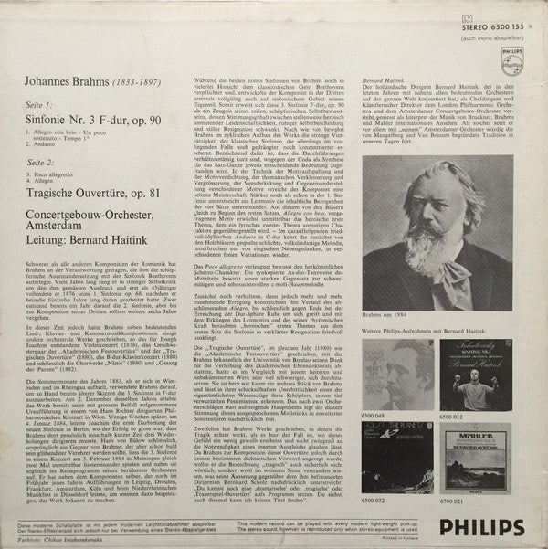 Brahms* - Concertgebouw Orchestra, Amsterdam*, Bernard Haitink : Symphony No. 3 / Tragic Overture (LP)