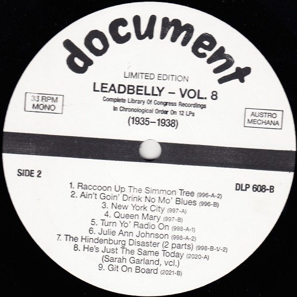 Leadbelly : Vol. 8 1935-1938 (Complete Library Of Congress Recordings In Chronological Order On 12 LPs) (LP, Comp, Mono, Ltd, RM)