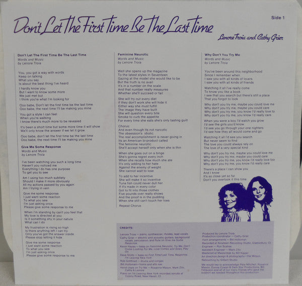 Lenore Troia And Cathy Grier : Don't Let The First Time Be The Last Time (LP, Album)