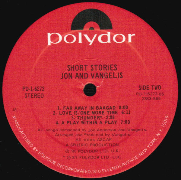 Jon And Vangelis* : Short Stories (LP, Album, 18,)