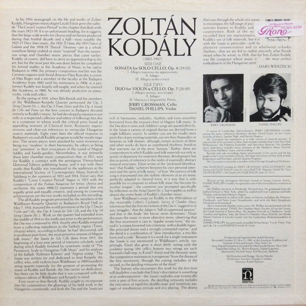 Zoltán Kodály – Jerry Grossman, Daniel Phillips : Sonata For Solo Cello, Op. 8 / Duo For Violin & Cello, Op. 7 (LP)