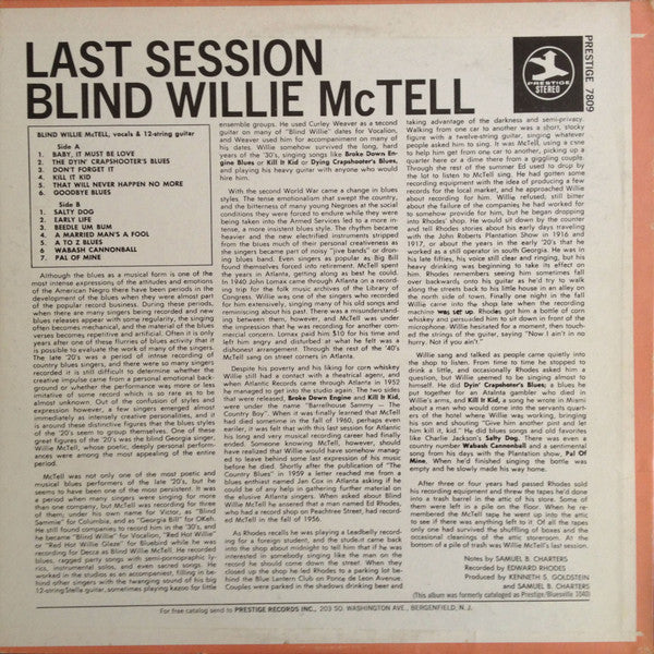 Blind Willie McTell : Last Session (LP, Album, RE)