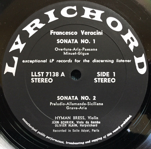 Francesco Maria Veracini : Sonatas Nos 1 -- 2 -- 4 -- 8 (LP)