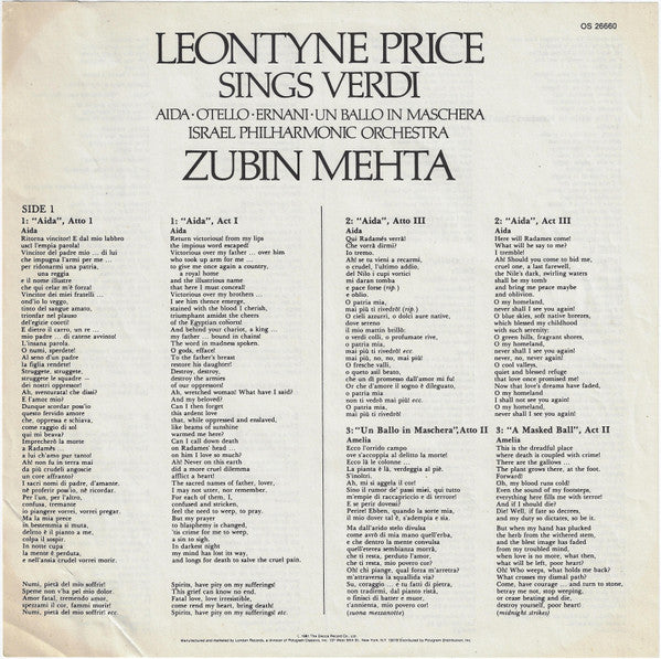 Leontyne Price, Giuseppe Verdi, Israel Philharmonic Orchestra, Zubin Mehta : Leontyne Price Sings Verdi (LP, Club)