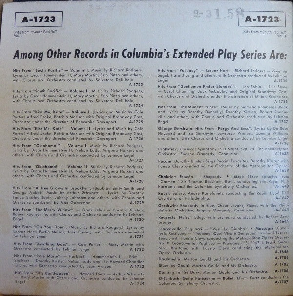 Mary Martin, Ezio Pinza : Hits From South Pacific Vol. 1 (7", EP)