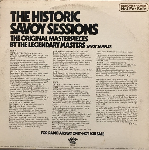 Various : The Historic Savoy Sessions. The Original Masterpieces By The Legendary Masters (Savoy Sampler) (LP, Comp, Promo)