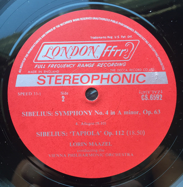 Lorin Maazel, Jean Sibelius, Wiener Philharmoniker : Symphony No.4 / Tapiola (LP)
