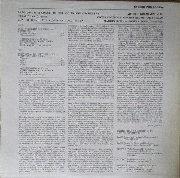 Arthur Grumiaux / Alban Berg / Igor Stravinsky : Violin Concertos (LP, Album)