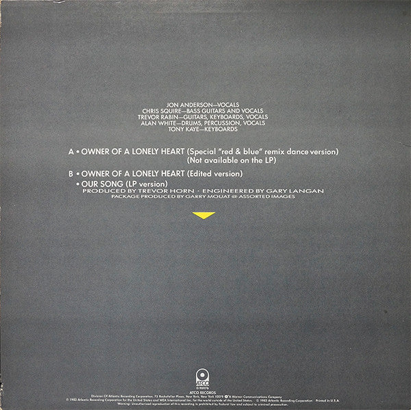 Yes : Owner Of A Lonely Heart (12", SP)