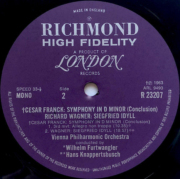 César Franck / Richard Wagner – Wilhelm Furtwängler / Hans Knappertsbusch, Wiener Philharmoniker : Symphony In D Minor / Siegfried Idyll (LP, Comp, Mono)