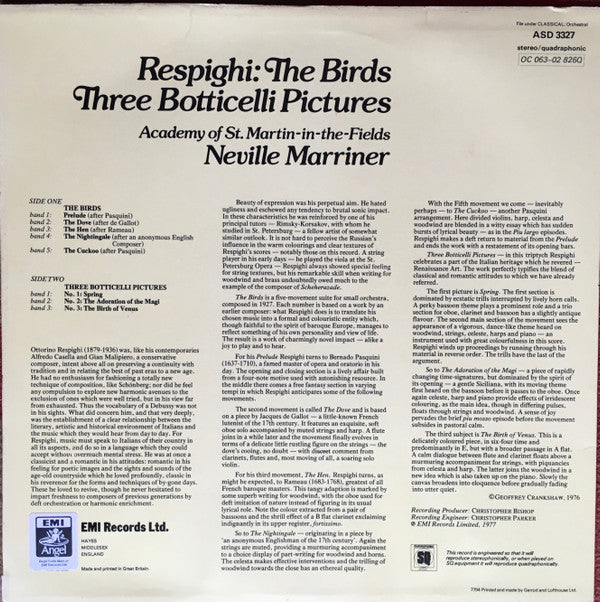 Ottorino Respighi, Sir Neville Marriner, The Academy Of St. Martin-in-the-Fields : The Birds / Three Botticelli Pictures (LP, Quad)