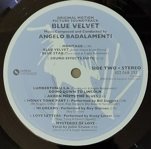 Angelo Badalamenti : Blue Velvet (Original Motion Picture Soundtrack)  (LP, Album, RE)