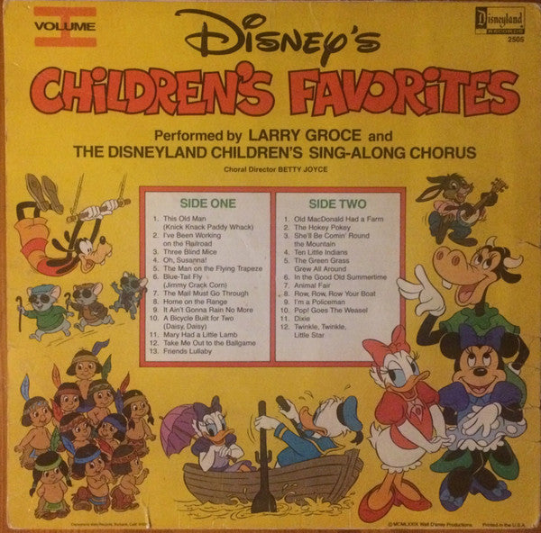 Larry Groce And The Disneyland Children's Sing-Along Chorus : Disney's Children's Favorites Volume I (LP, Album, RP, PRC)