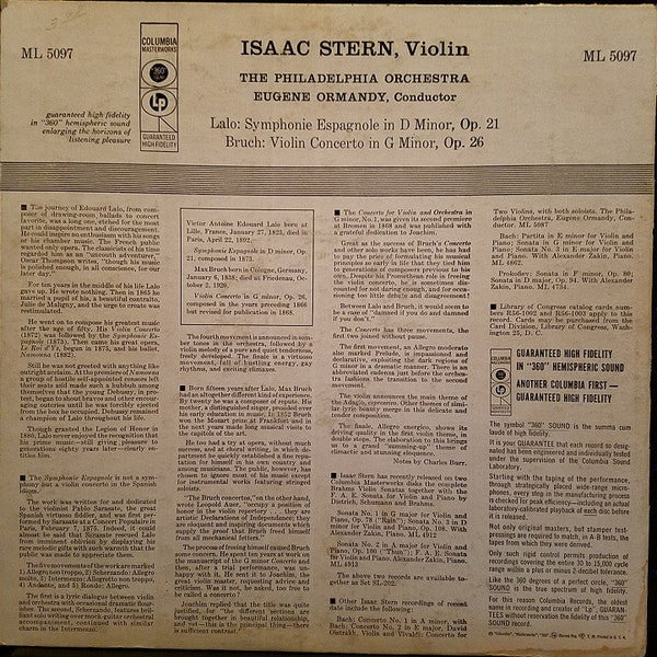 Isaac Stern, The Philadelphia Orchestra, Eugene Ormandy, Lalo* / Bruch* : Symphonie Espagnole In D Minor, Op. 21 / Violin Concerto In G Minor, Op. 26 (LP, Mono)