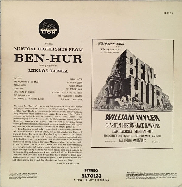 Miklós Rózsa : Musical Highlights From Ben-Hur (LP, Album)