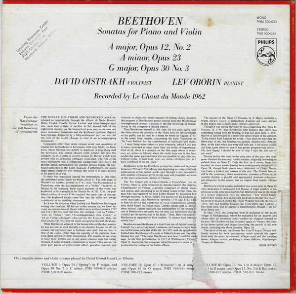 Beethoven*, David Oistrakh*, Lev Oborin : Sonatas For Piano And Violin (A Major Opus 12, No. 2 / A Minor Opus 23 / G Major Opus 30, No. 3) (LP, Comp)
