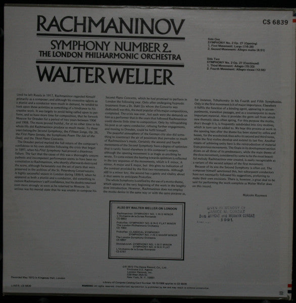 Rachmaninov*, The London Philharmonic Orchestra*, Walter Weller : Symphony Number 2. (LP)