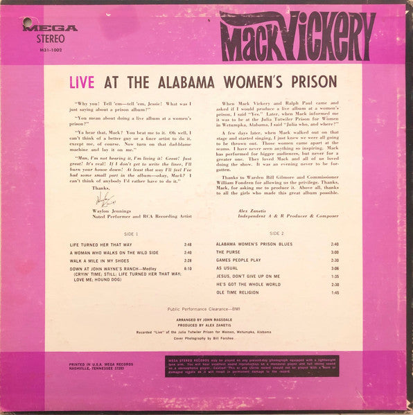Mack Vickery : Live At The Alabama Women's Prison (LP, Album, Promo)