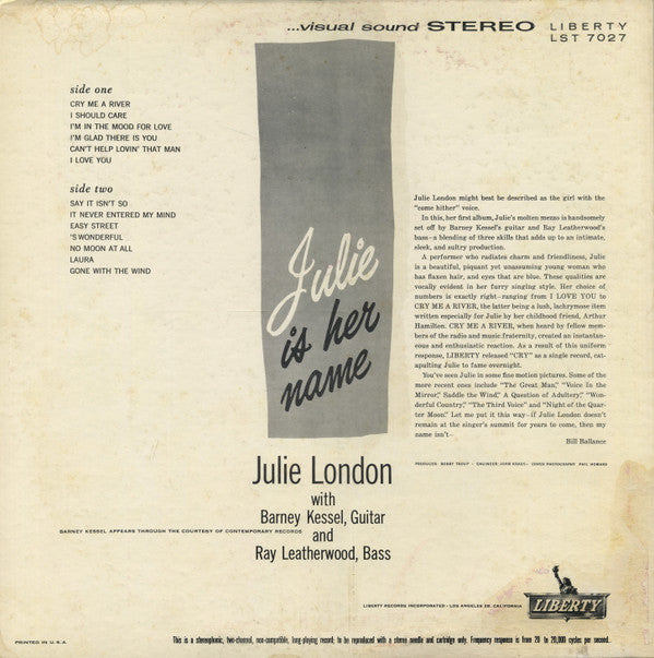 Julie London : Julie Is Her Name (LP, Album, RE)