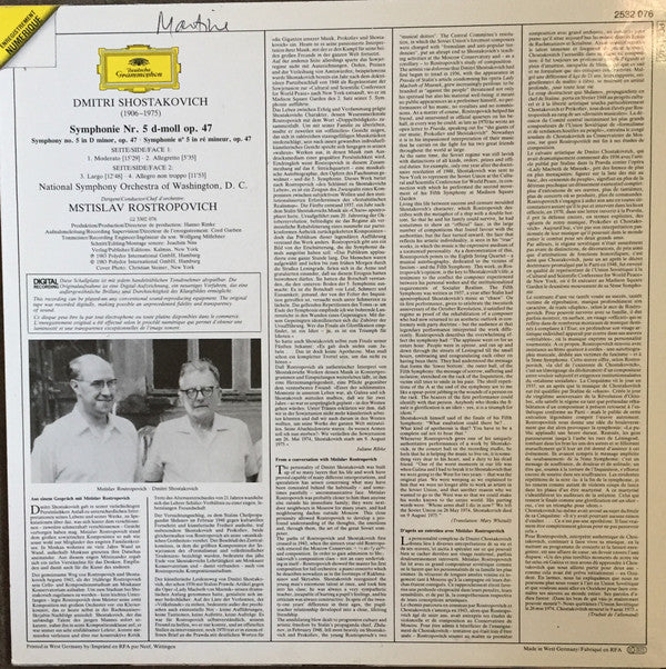 Dmitri Shostakovich . Mstislav Rostropovich, National Symphony Orchestra : Shostakovich Symphony No. 5 (LP)