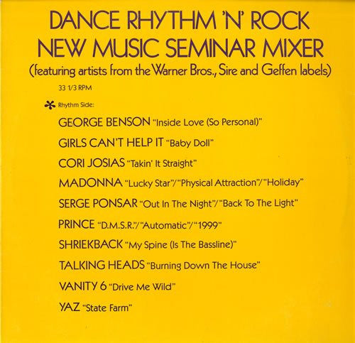 Various : Dance Rhythm 'N' Rock (New Music Seminar Mixer) (LP, Mixed, Promo)