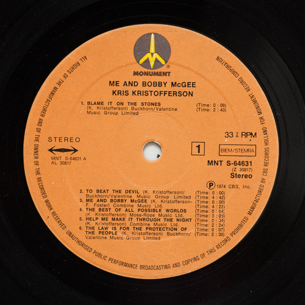 Kris Kristofferson : Me And Bobby McGee (LP, Album, RE)