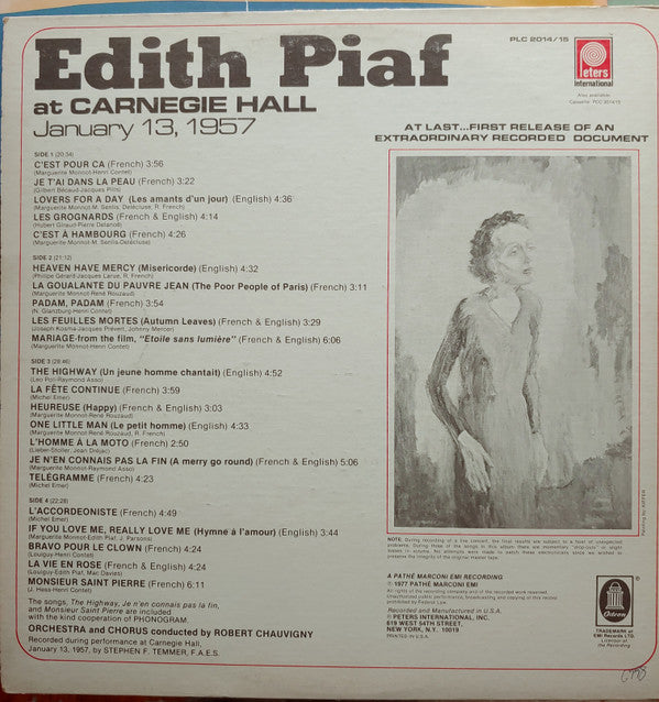 Edith Piaf : At Carnegie Hall January 13, 1957 (2xLP, Album, Gat)