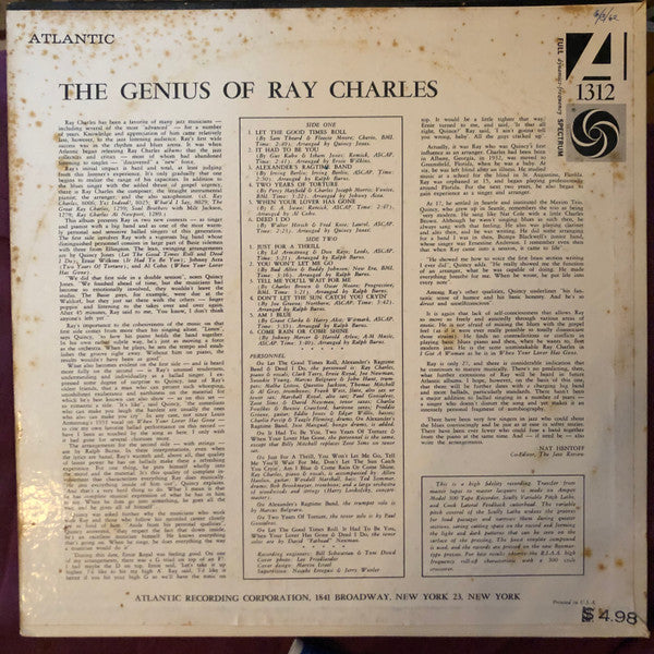Ray Charles : The Genius Of Ray Charles (LP, Album, Mono)