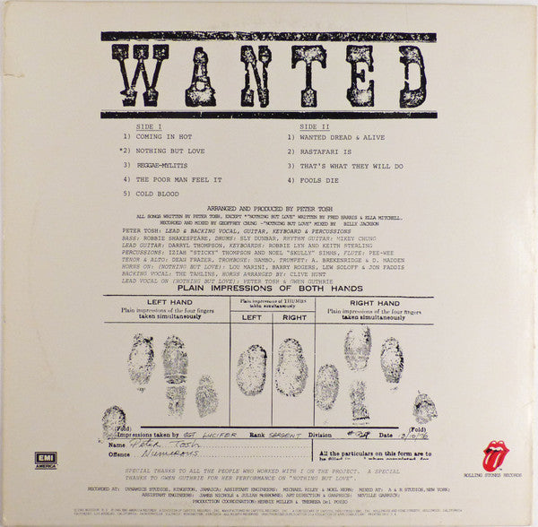 Peter Tosh : Wanted Dread & Alive (LP, Album, Win)
