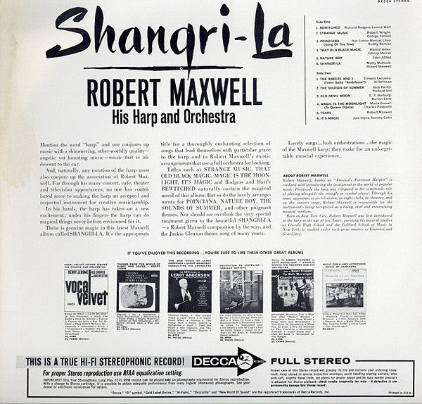 Robert Maxwell, His Harp And Orchestra : Shangri-La (LP, Album)