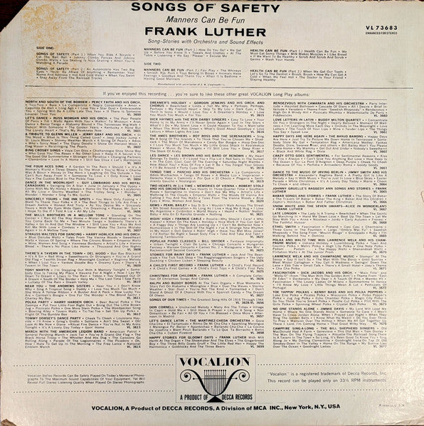 Frank Luther (2) : Songs Of Safety - Manners Can Be Fun, Health Can Be Fun (LP, Comp, RE, Sim)