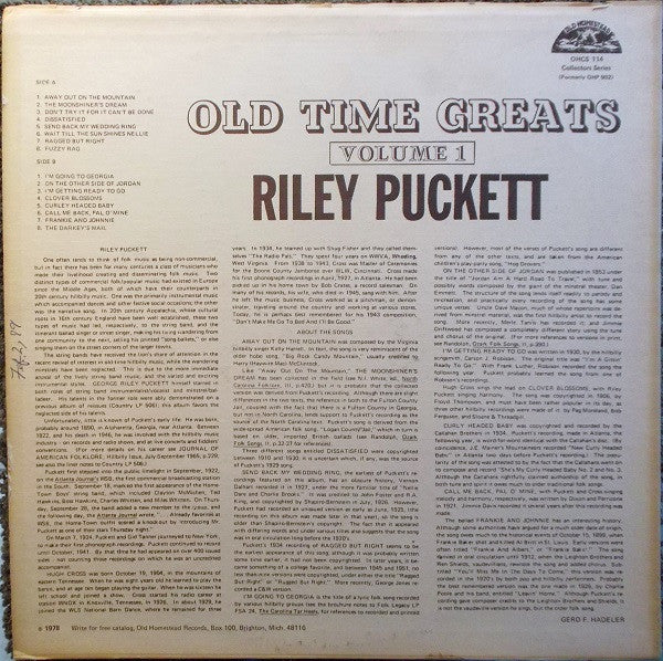 Riley Puckett : Old Time Greats - Volume 1 (LP, Comp)