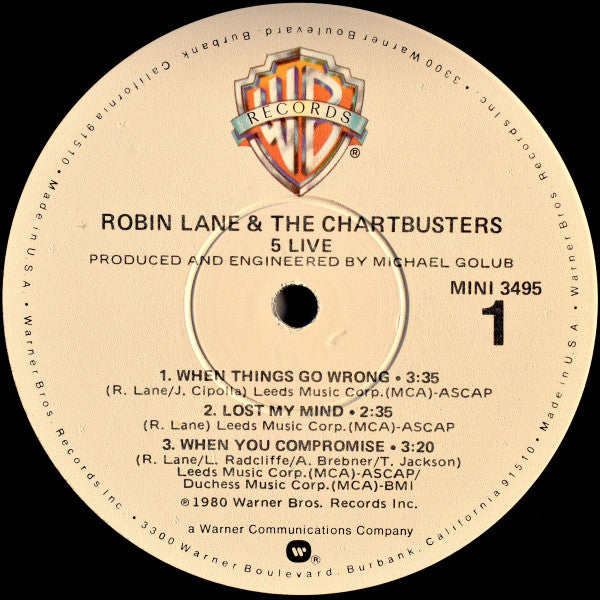 Robin Lane & The Chartbusters : 5 Live (12", EP, Win)