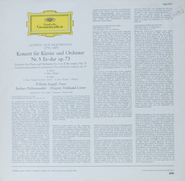 Beethoven* – Wilhelm Kempff, Berliner Philharmoniker · Ferdinand Leitner : Klavierkonzert Nr. 5 Es-dur (LP, RP)