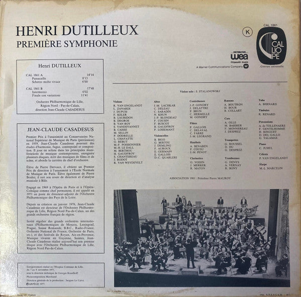Henri Dutilleux - Orchestre Philharmonique de Lille* , Direction: Jean-Claude Casadesus : Première Symphonie (LP, Album)