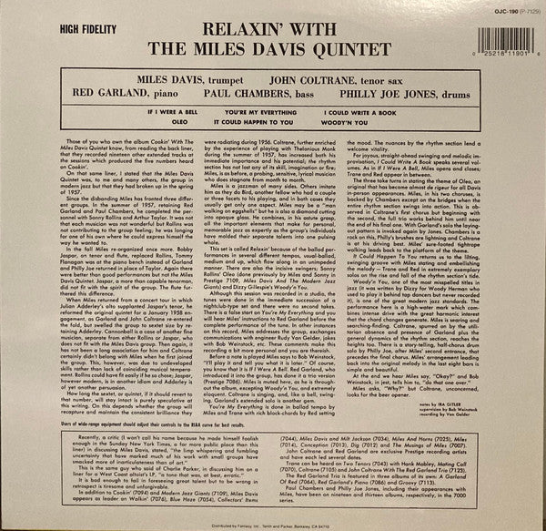 The Miles Davis Quintet : Relaxin' With The Miles Davis Quintet (LP, Album, Mono, RE)