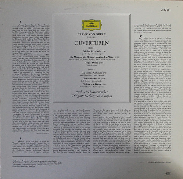 Suppé* – Berliner Philharmoniker, Herbert von Karajan : Ouvertüren - Leichte Kavallerie·Pique Dame·Die Schöne Galathée·Dichter Und Bauer U.A. (LP, Comp, RE)