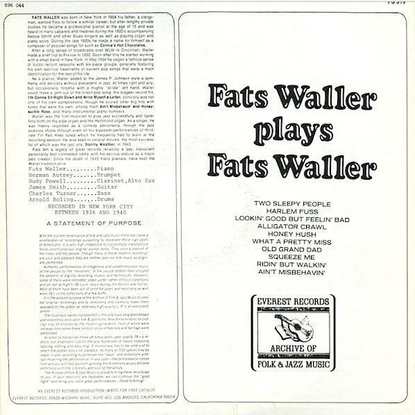 Fats Waller : Fats Waller Plays Fats Waller (LP, Mono)