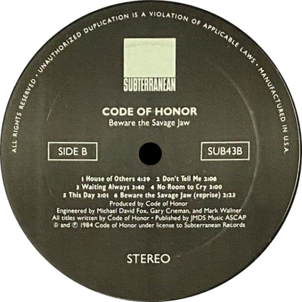 Code Of Honor : Beware The Savage Jaw (LP, Album)