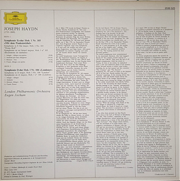 Joseph Haydn – London Philharmonic Orchestra · Eugen Jochum : Symphonien Nr. 103 »Paukenwirbel« = »Drum Roll« · Nr. 104 »London« (LP)