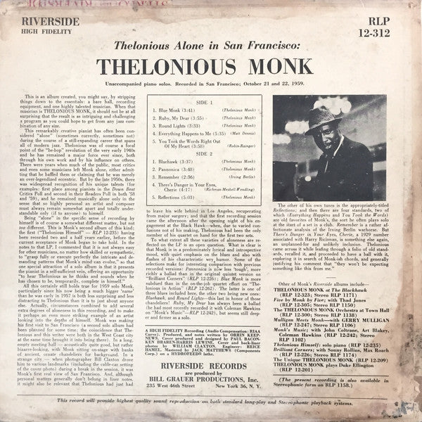 Thelonious Monk : Thelonious Alone In San Francisco (LP, Album, Mono, RE)