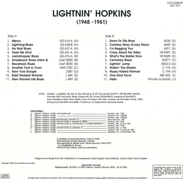 Lightnin' Hopkins : 1948-1961 (LP, Comp, Mono, Ltd, RM)