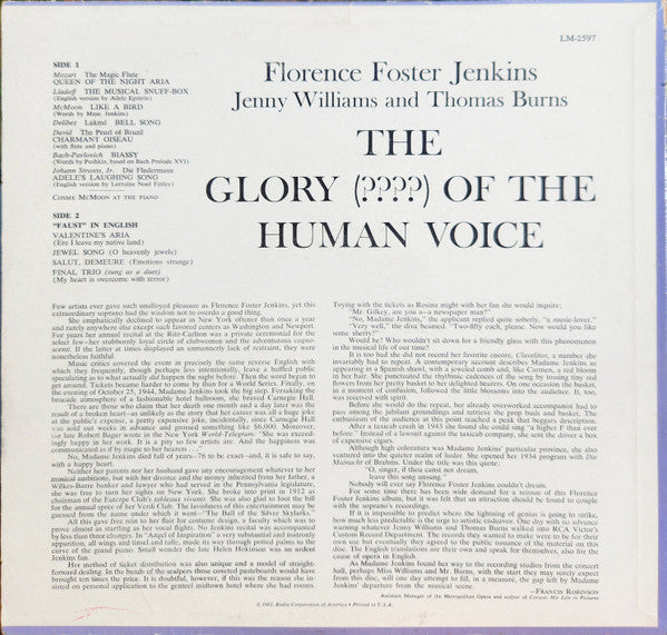 Florence Foster Jenkins, Jenny Williams And Thomas Burns : The Glory (????) Of The Human Voice / A Faust Travesty (LP, Album, Roc)
