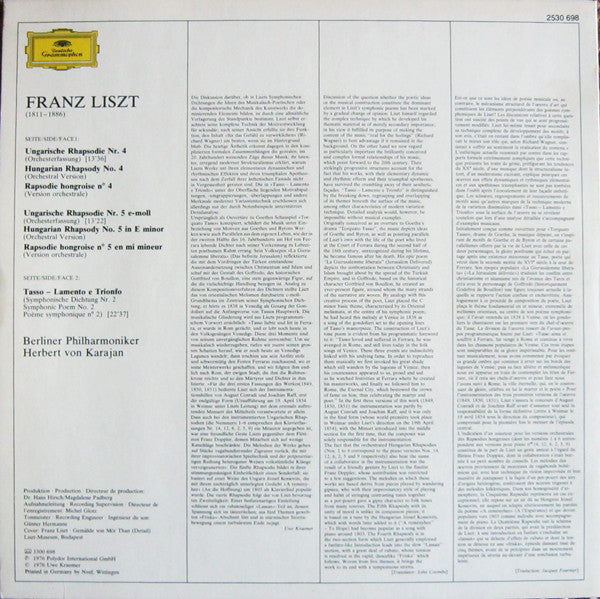 Franz Liszt • Berliner Philharmoniker • Herbert von Karajan : Ungarische Rhapsodien Nr.4 U. 5 • Hungarian Rhapsodies / Tasso: Lamento E Trionfo (LP)