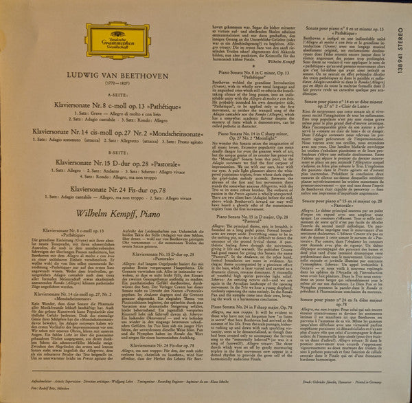 Ludwig van Beethoven, Wilhelm Kempff : Klaviersonaten »Pathétique« · »Mondscheinsonate« · »Pastorale« · Nr. 24 Fis-dur (LP, RE)