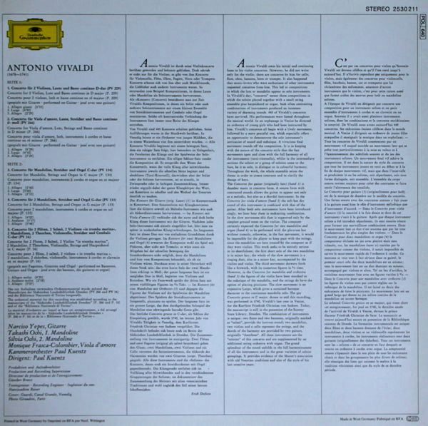 Antonio Vivaldi, Narciso Yepes, Takashi* & Silvia Ochi, Orchestre De Chambre Paul Kuentz : Konzerte Für Laute (Gitarre) & Mandoline (LP, RP)